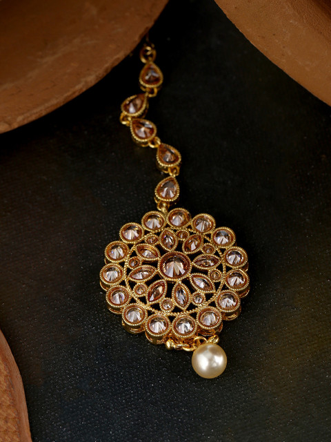 

Voylla Gold-Plated Stone & Faux Pearl Studded Reversal Saga Maang Tikka