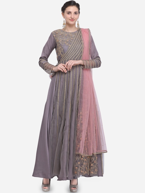 

Stylee LIFESTYLE Grey & Pink Net Semi-Stitched Dress Material