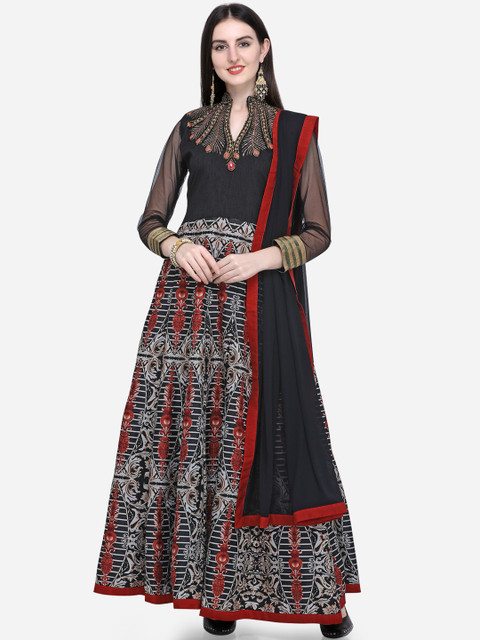 

Stylee LIFESTYLE Black & Red Art Silk Semi-Stitched Dress Material