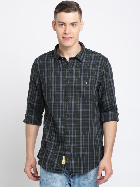 

TED HARBOR Men Green & Navy Blue Slim Fit Checked Casual Shirt