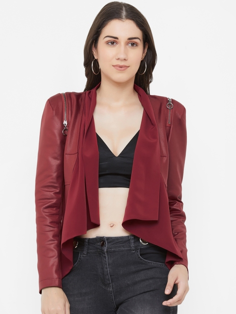 

bebe Women Burgundy Solid Open Front Jacket