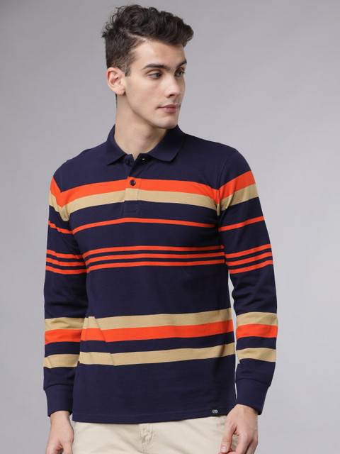 

Ecko Unltd Men Navy Blue & Orange Striped Slim Fit Polo Collar T-shirt