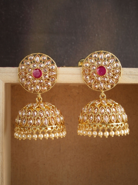 

Voylla Gold-Plated & Pink Handcrafted Dome Shaped Jhumkas