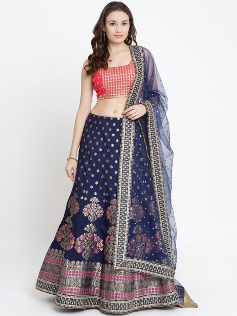 

Koskii Navy Blue & Pink Embellished Semi-Stitched Zariwork Lehenga & Blouse with Dupatta