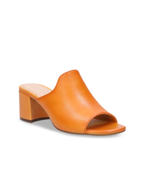 

Bugatti Women Mustard Yellow Leather Solid Heeled Mules
