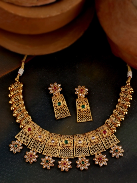 

Voylla Gold-Plated Beige & Green Stone-Studded Jewellery Set