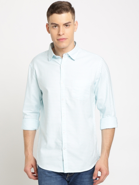 

TED HARBOR Men Sea Green & White Slim Fit Checked Casual Shirt
