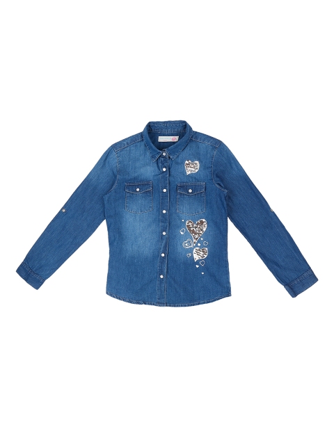 

Pantaloons Junior Girls Blue Sequinned Shirt Style Pure Cotton Top