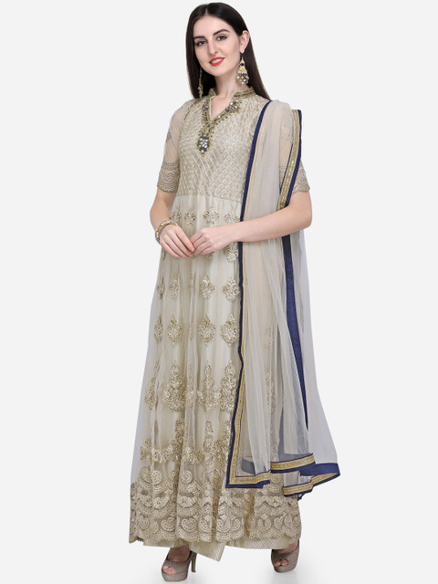 

Stylee LIFESTYLE Cream-Coloured Net Semi-Stitched Dress Material