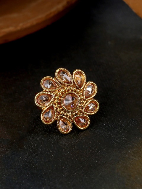 

Voylla Gold-Plated & Tan Brown Stone-Studded Reversal Saga Flower Ring