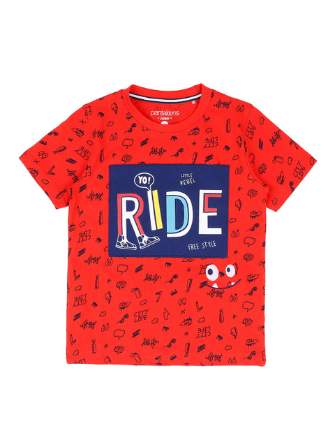 

Pantaloons Junior Boys Red Navy Blue Printed Round Neck Pure Cotton T-shirt