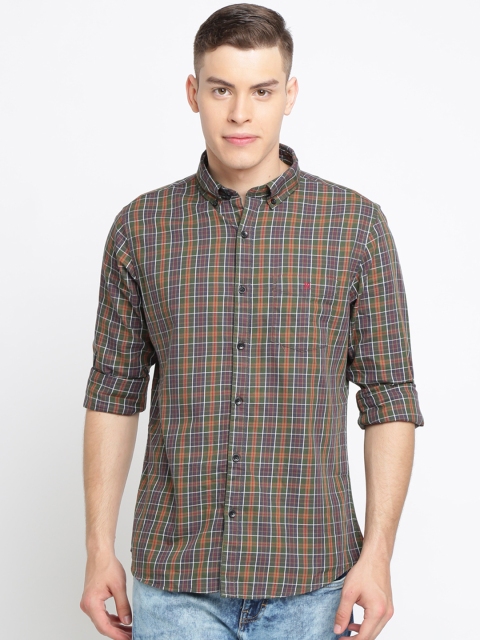 

TED HARBOR Men Olive Green & White Slim Fit Checked Casual Shirt