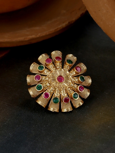 

Voylla Gold-Plated Pink & Green Stone-Studded Spokes Statement Finger Ring