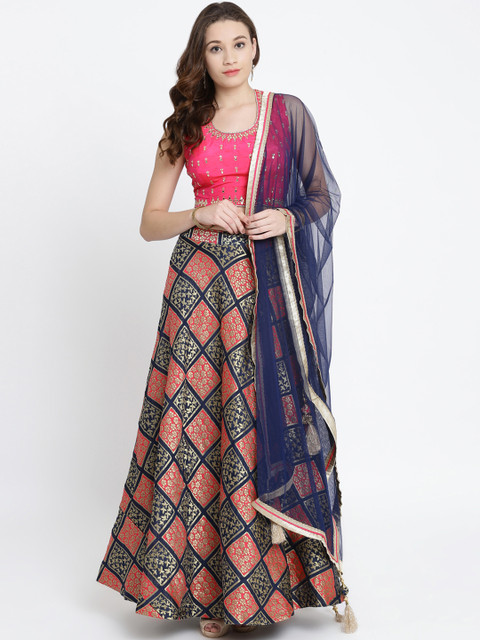 

Koskii Navy Blue & Magenta Embellished Ready to Wear Lehenga & Blouse with Dupatta