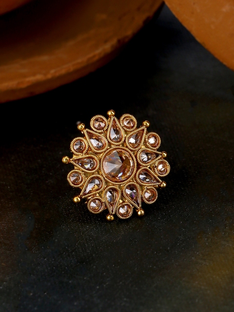 

Voylla Gold-Plated & Tan Brown Stone-Studded Finger Ring