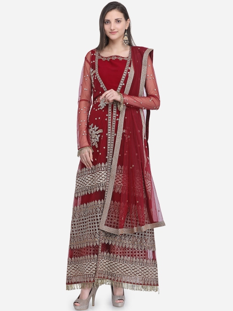 

Stylee LIFESTYLE Maroon Net Semi-Stitched Dress Material