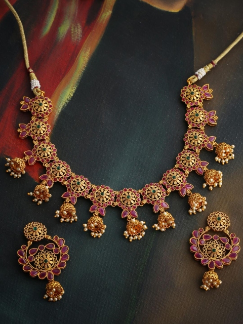 

Voylla Gold-Plated Pink & Off-White CZ-Studded Faux Pearl Beaded Southern Bling Heavily Embellished Floral Jewellery Set