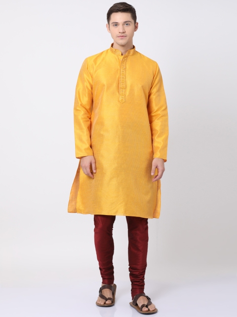 

TABARD Men Yellow & Maroon Self Design Kurta with Churidar