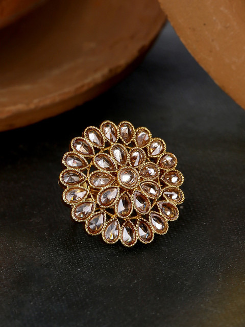 

Voylla Gold-Plated & Tan Brown CZ Studded Floral Motif Cocktail Finger Ring