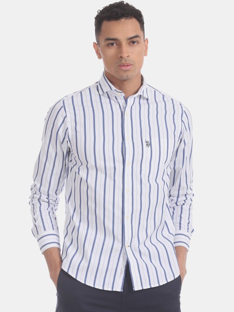 

U.S. Polo Assn. Men White & Navy Blue Regular Fit Striped Casual Shirt
