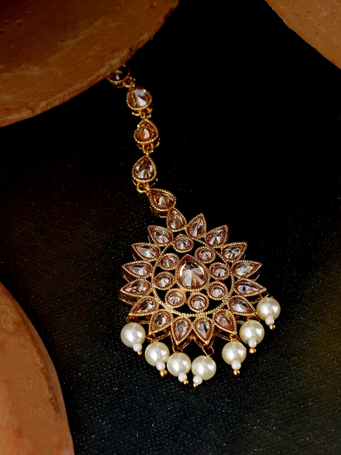 

Voylla Gold-Plated & Off-White Gemstones Embellished Reversal Saga Handcrafted Maang Tikka