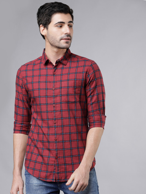 

HIGHLANDER Men Maroon & Black Slim Fit Checked Casual Shirt, Red
