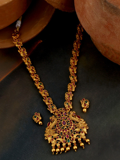 

Voylla Gold-Plated Pink & Green Stone-Studded Handcrafted Southern BlingTemple Jewellery Set