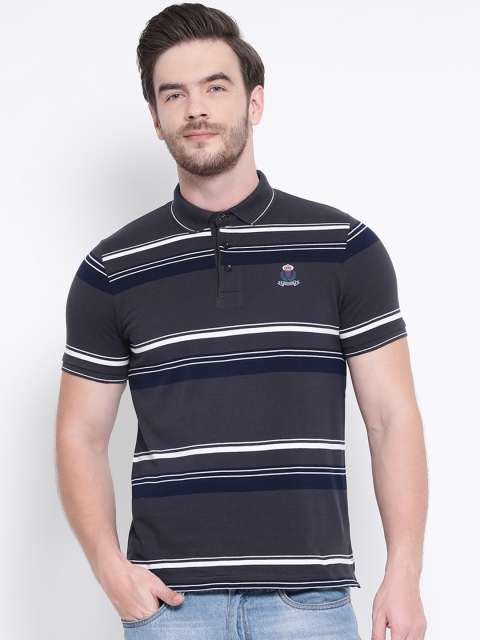 

Monte Carlo Men Grey & White Striped Polo Collar T-shirt
