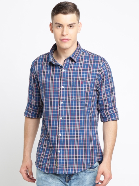 

TED HARBOR Men Blue & White Slim Fit Checked Casual Shirt