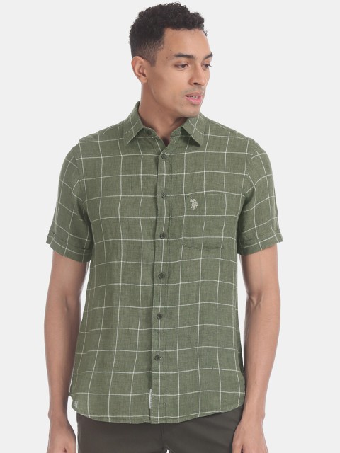 

U.S. Polo Assn. Men Green & Off-White Regular Fit Checked Casual Linen Shirt