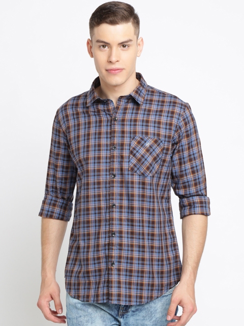 

TED HARBOR Men Blue & Brown Slim Fit Checked Casual Shirt