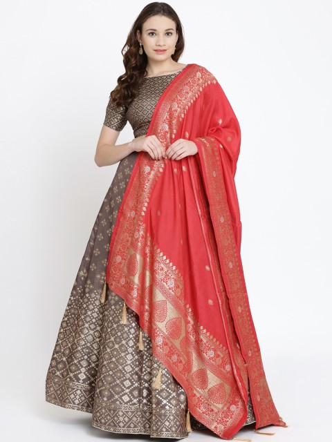

Koskii Grey & Red Woven Design Semi-Stitched Lehenga & Blouse with Dupatta