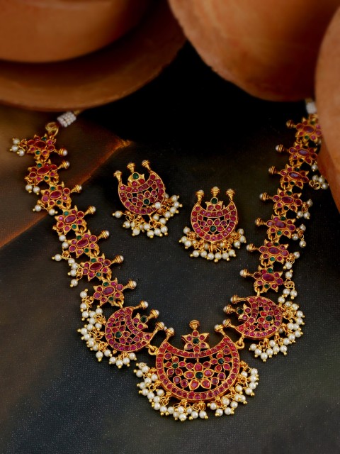 

Voylla Gold-Plated Pink & Off-White CZ-Studded Beaded Antique Inspired Jewellery Set