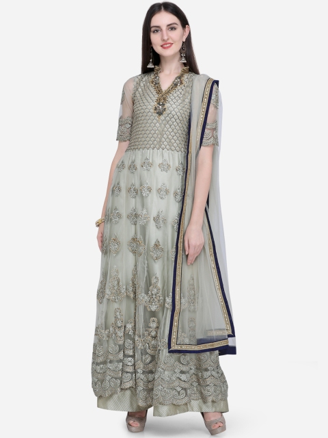 

Stylee LIFESTYLE Olive Green Net Semi-Stitched Dress Material