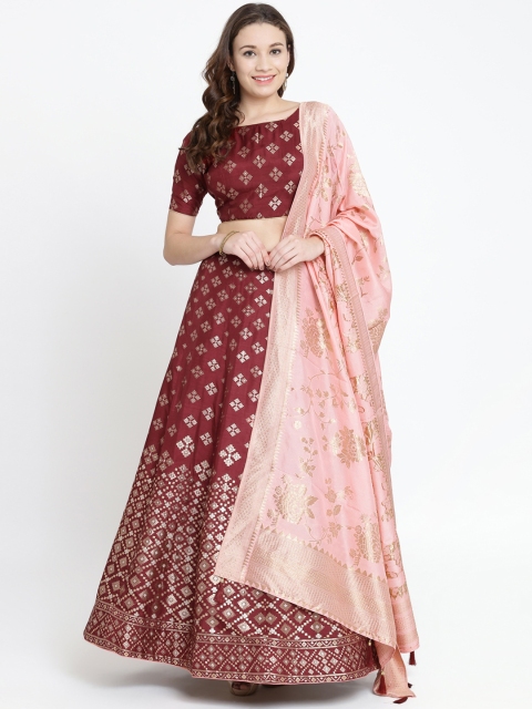 

Koskii Maroon & Pink Woven Design Semi-Stitched Brocade Lehenga & Blouse with Dupatta