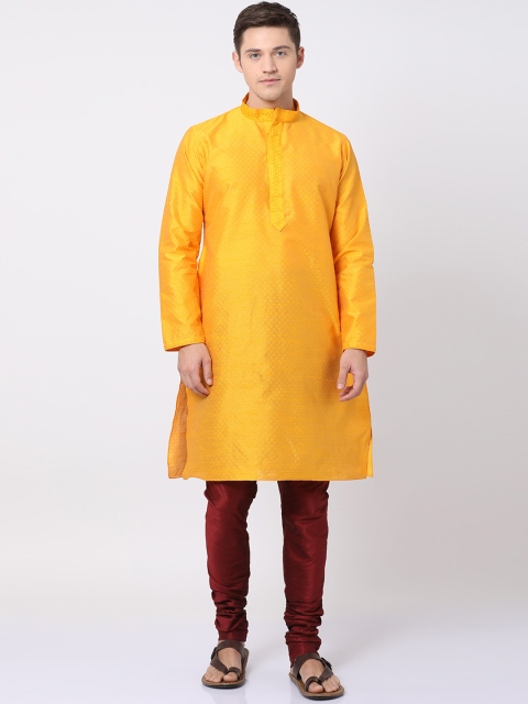 

TABARD Men Yellow & Maroon Self Design Kurta with Churidar