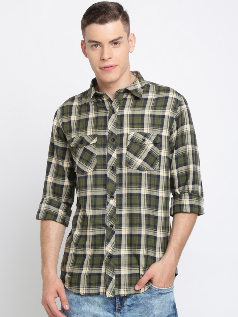 

TED HARBOR Men Green & Cream-Coloured Slim Fit Checked Casual Shirt