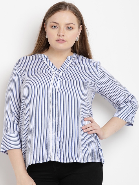 

The Pink Moon Plus Size Women White Blue Striped Shirt Style Top