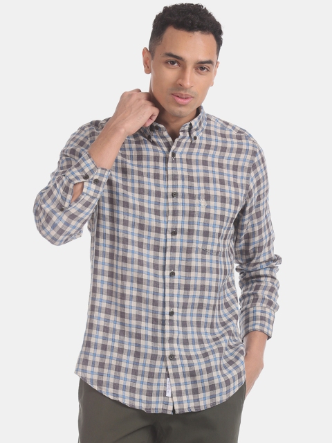 

U.S. Polo Assn. Men Off-White & Brown Regular Fit Checked Casual Linen Shirt