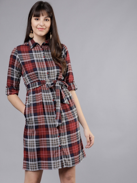 

Tokyo Talkies Women Navy Blue & Red Checked Shirt Dress