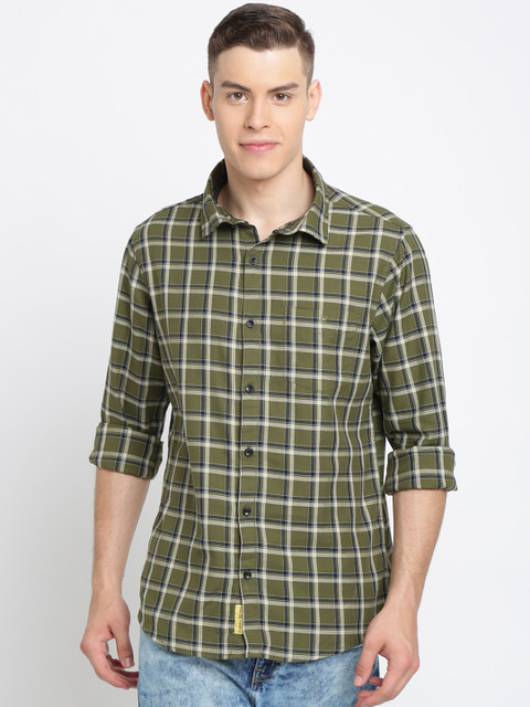 

TED HARBOR Men Green & Cream-Coloured Slim Fit Checked Casual Shirt