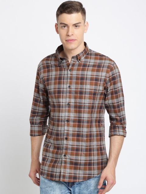 

TED HARBOR Men Brown & Grey Slim Fit Checked Casual Shirt