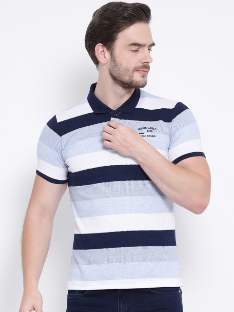 

Monte Carlo Men White & Navy Blue Striped Polo Collar T-shirt