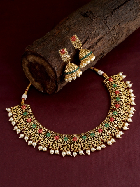 

Voylla Gold-Plated Red & Green Gemstones Embellished Necklace Set