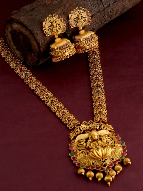 

Voylla Gold-Plated Pink & Green Stone-Studded Southern Bling Temple Design Jewellery Set