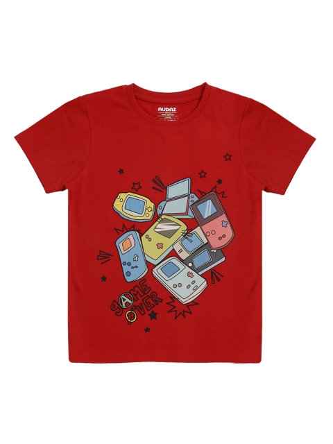 

AUDAZ Boys Red Printed Round Neck Pure Cotton T-shirt