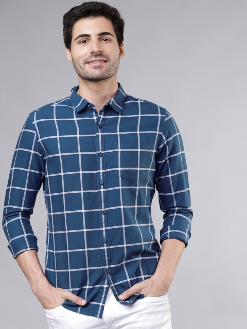 Men Blue & White Slim Fit Checked Casual Shirt