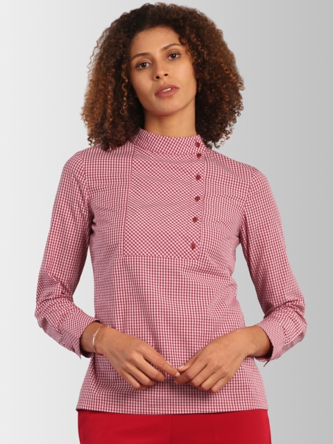 

FableStreet Women Red Checked Shirt Style Pure Cotton Top