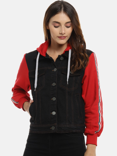 

Campus Sutra Women Black Colourblocked Windcheater Denim Jacket