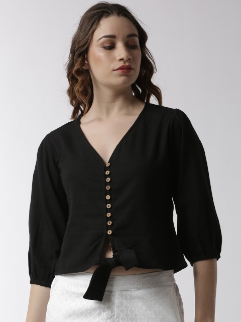 

De Moza Women Black Solid Shirt Style Crop Top